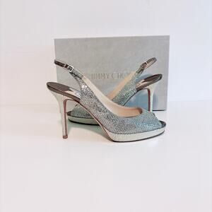 Jimmy Choo Coarse Glitter Platform Slingback Sandals 4" Heels with Box - 8.5/39